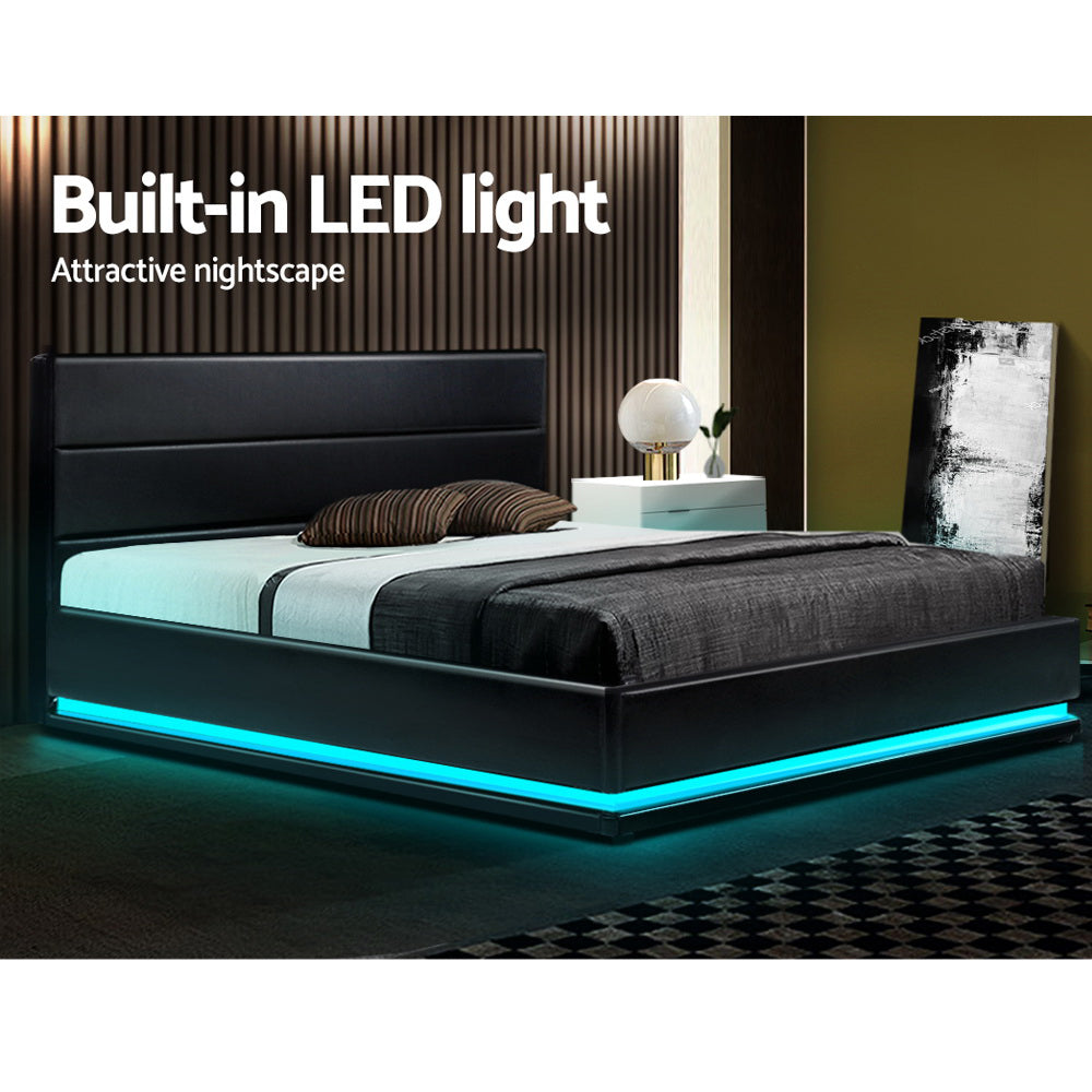 Artiss Bed Frame Queen Size LED Gas Lift Black LUMI - Furniture > Bedroom > Beds & Bed Frames