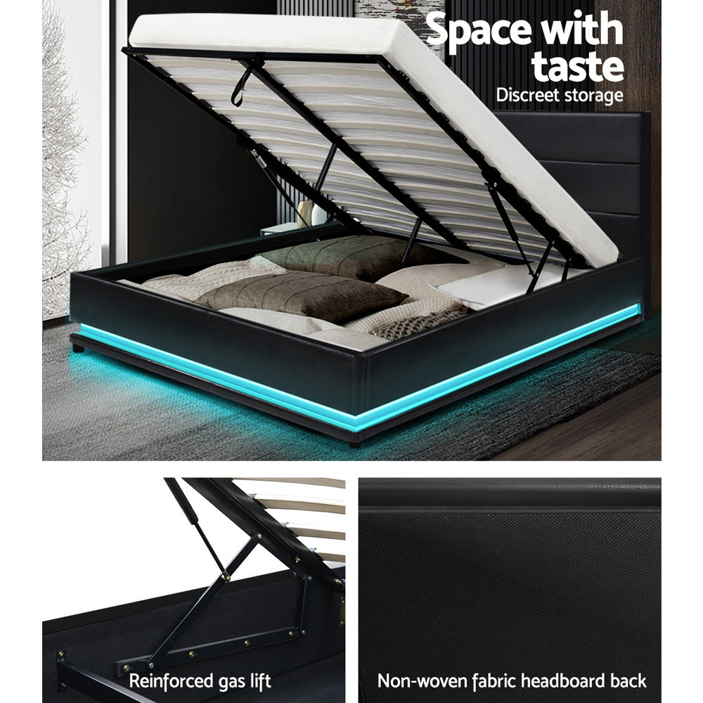 Artiss Bed Frame Queen Size LED Gas Lift Black LUMI - Furniture > Bedroom > Beds & Bed Frames