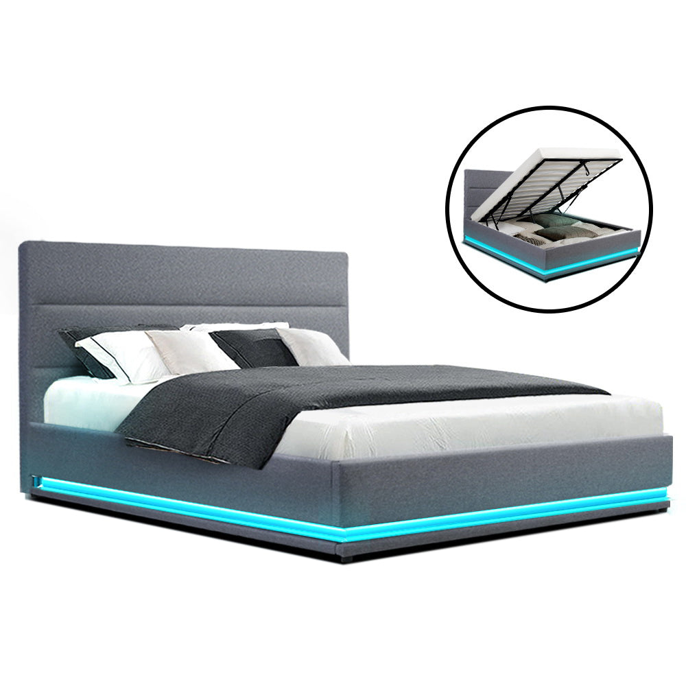 Artiss Bed Frame Queen Size LED Gas Lift Grey LUMI - Furniture > Bedroom > Beds & Bed Frames