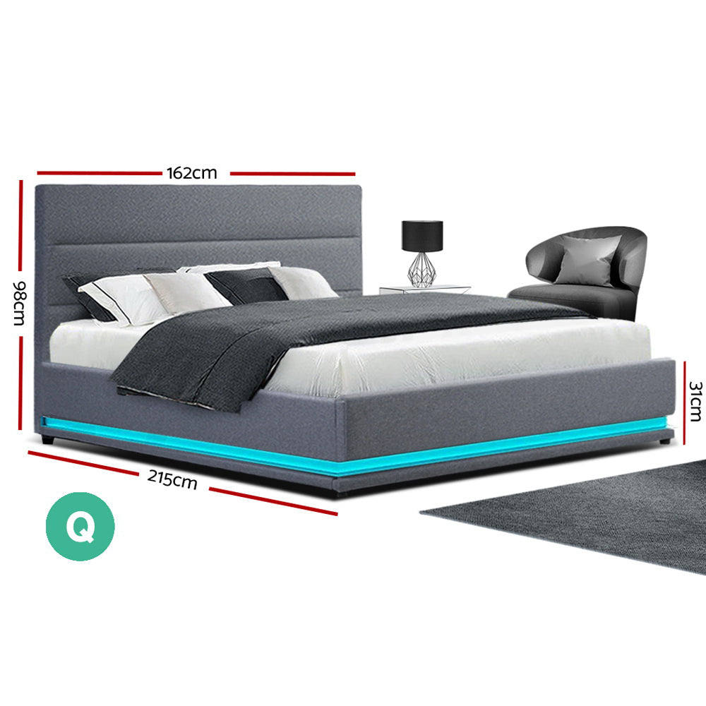 Artiss Bed Frame Queen Size LED Gas Lift Grey LUMI - Furniture > Bedroom > Beds & Bed Frames