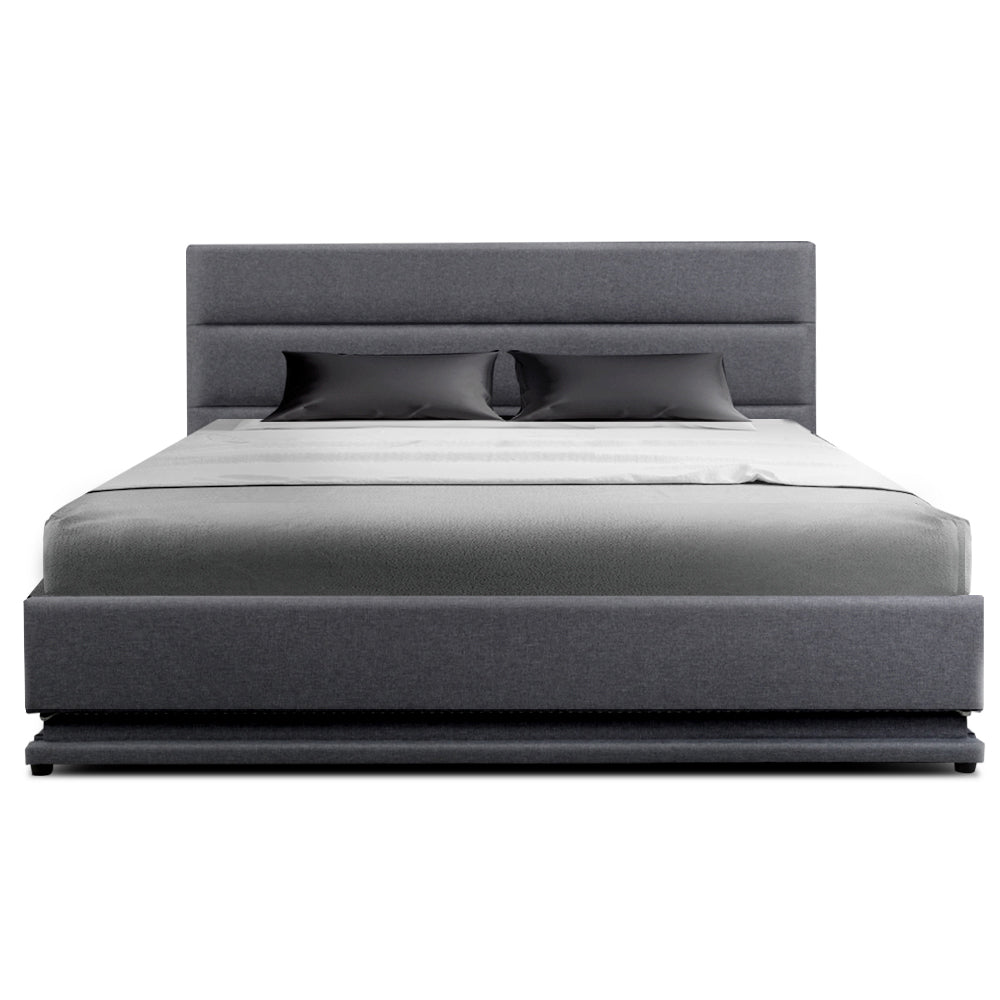 Artiss Bed Frame Queen Size LED Gas Lift Grey LUMI - Furniture > Bedroom > Beds & Bed Frames