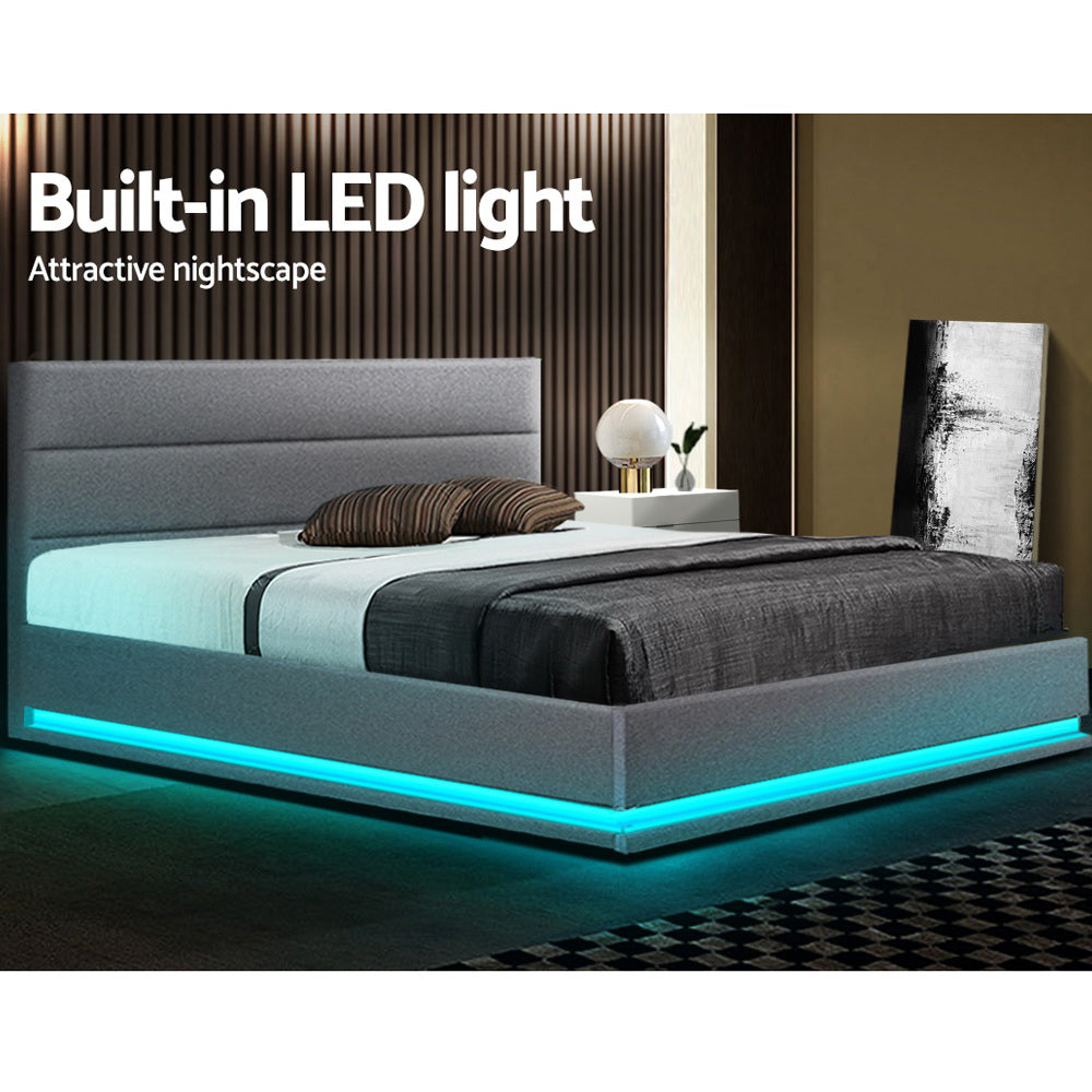 Artiss Bed Frame Queen Size LED Gas Lift Grey LUMI - Furniture > Bedroom > Beds & Bed Frames