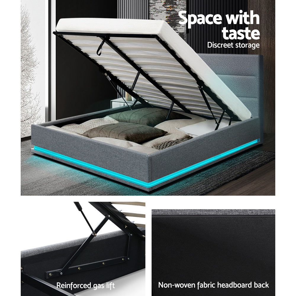 Artiss Bed Frame Queen Size LED Gas Lift Grey LUMI - Furniture > Bedroom > Beds & Bed Frames