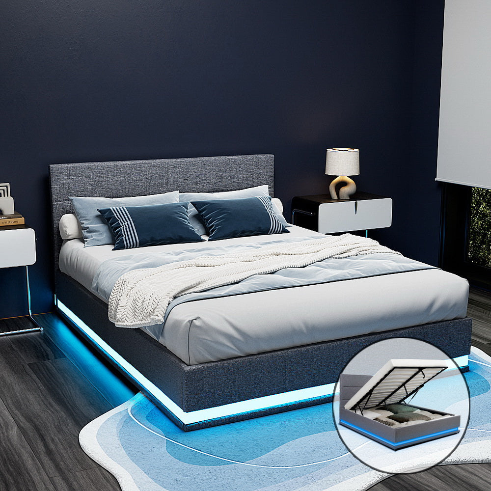 Artiss Bed Frame Queen Size LED Gas Lift Grey LUMI - Furniture > Bedroom > Beds & Bed Frames