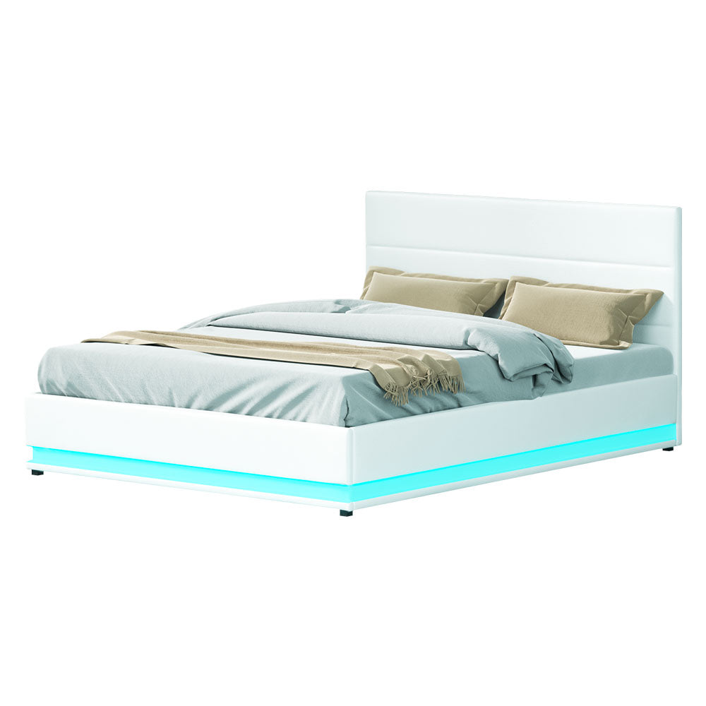 Artiss Bed Frame Queen Size LED Gas Lift White LUMI - Furniture > Bedroom > Beds & Bed Frames