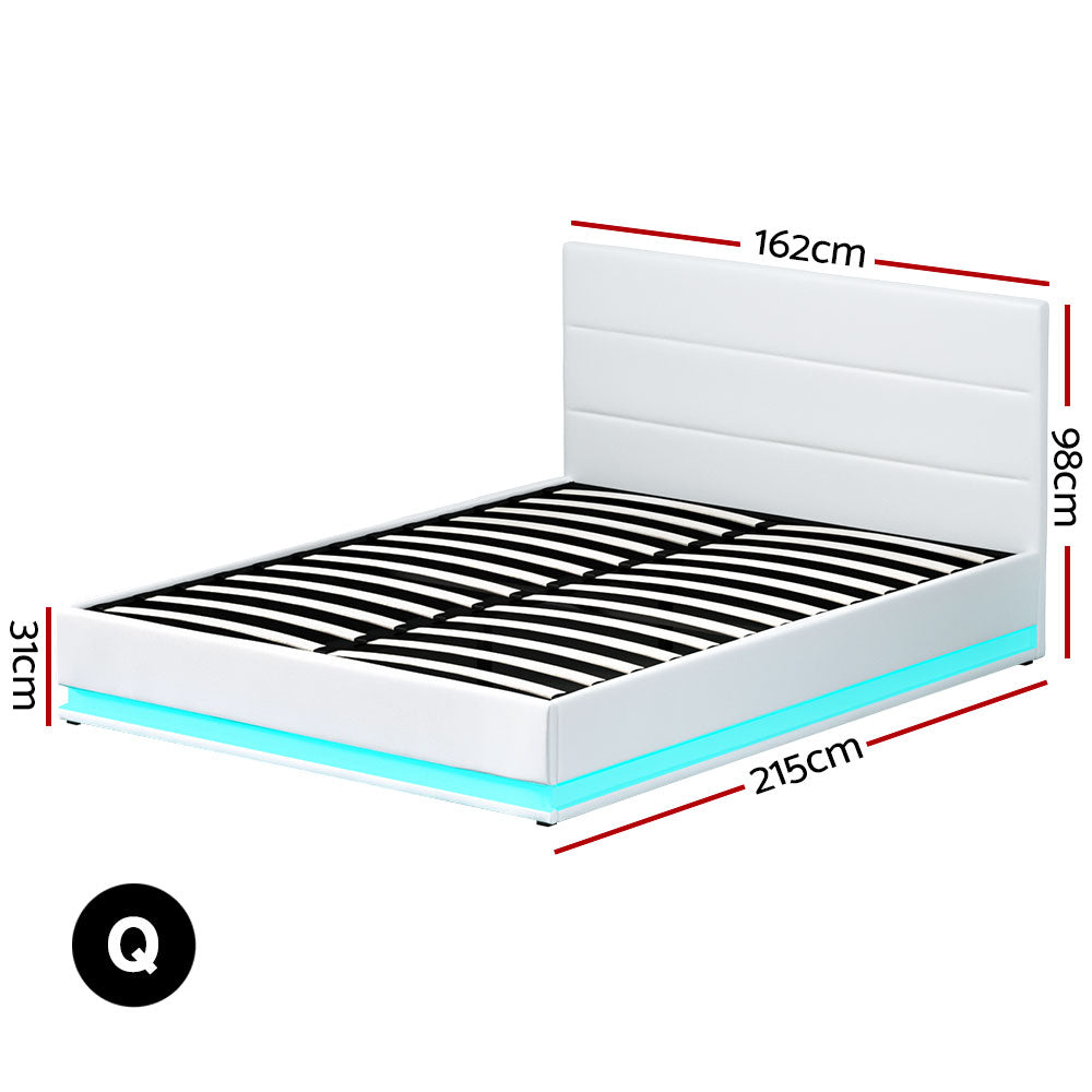 Artiss Bed Frame Queen Size LED Gas Lift White LUMI - Furniture > Bedroom > Beds & Bed Frames