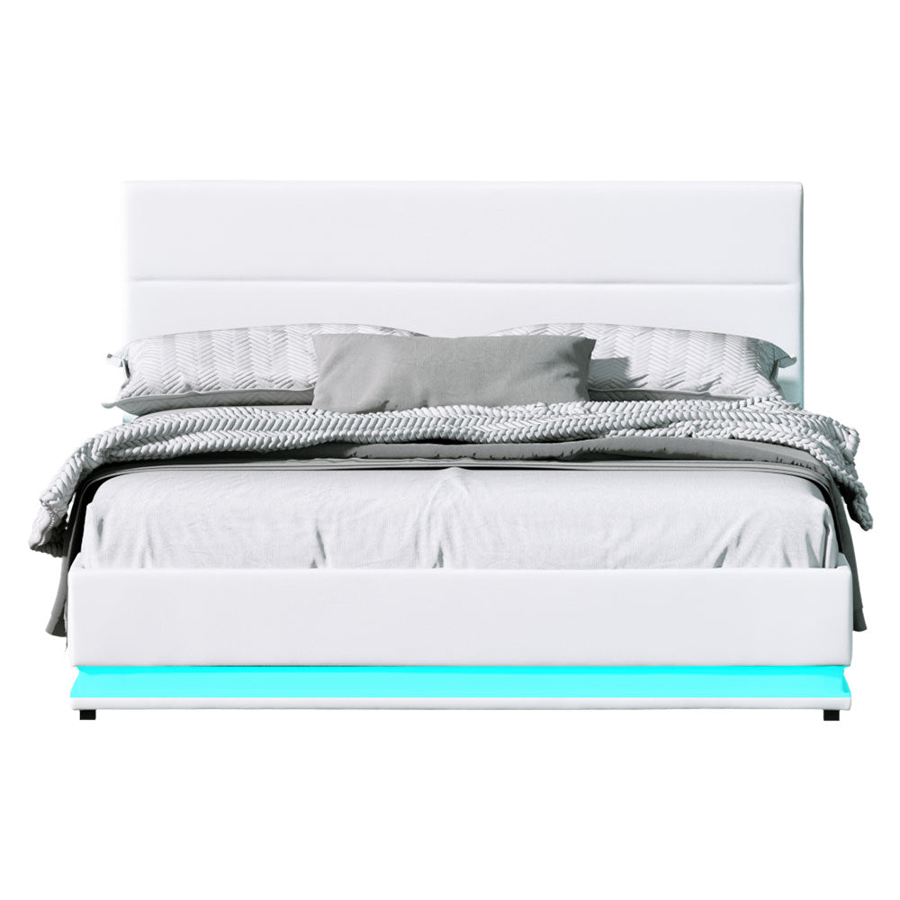 Artiss Bed Frame Queen Size LED Gas Lift White LUMI - Furniture > Bedroom > Beds & Bed Frames