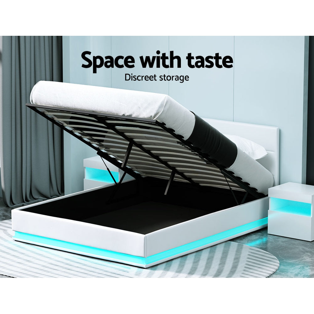 Artiss Bed Frame Queen Size LED Gas Lift White LUMI - Furniture > Bedroom > Beds & Bed Frames