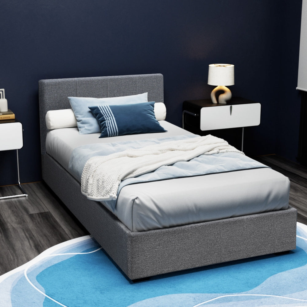 Artiss Bed Frame King Single Size Gas Lift Grey NINO - Furniture > Bedroom > Beds & Bed Frames