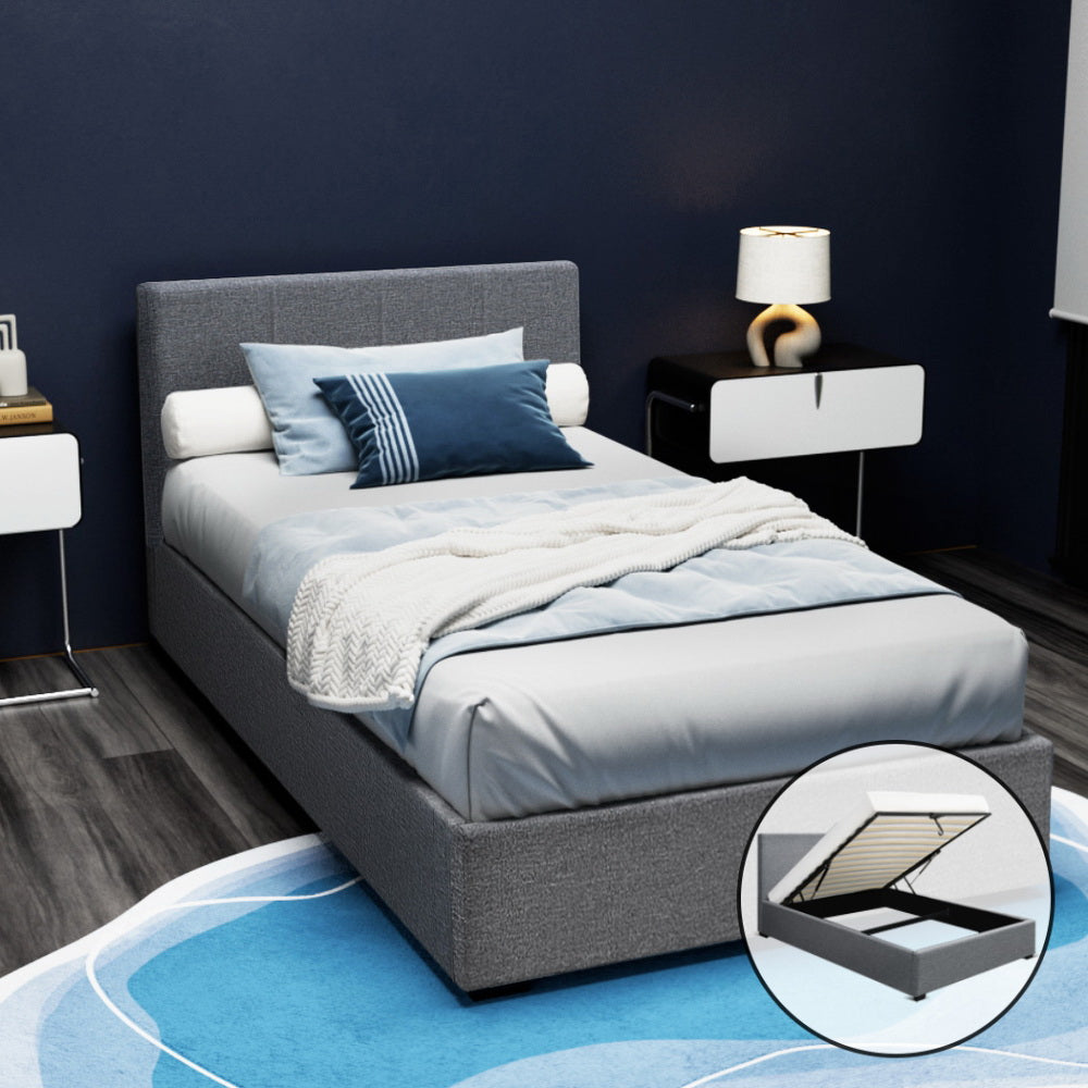 Artiss Bed Frame King Single Size Gas Lift Grey NINO - Furniture > Bedroom > Beds & Bed Frames