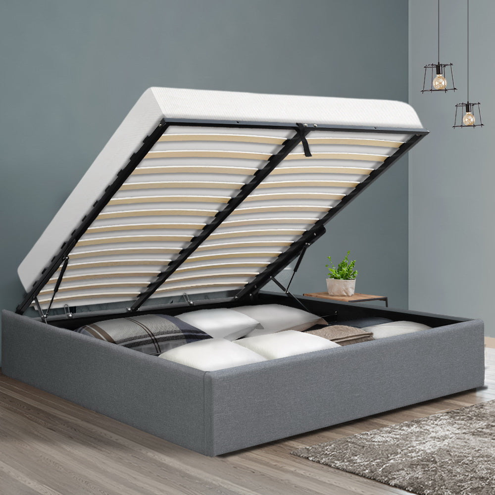 Artiss Bed Frame Queen Size Gas Lift Base Grey TOKI - Furniture > Bedroom > Beds & Bed Frames