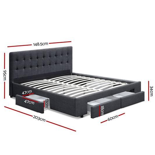 Artiss Bed Frame Double Size with 4 Drawers Grey AVIO Furniture > Bedroom > Beds & Bed Frames