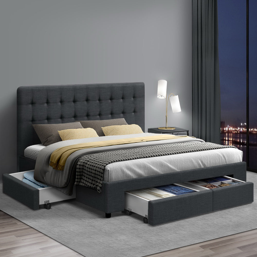 Artiss Bed Frame Double Size with 4 Drawers Grey AVIO - Furniture > Bedroom > Beds & Bed Frames