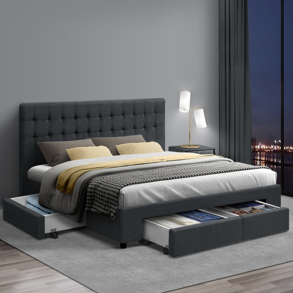 Artiss Bed Frame King Size with 4 Drawers Charcoal AVIO - Furniture > Bedroom > Beds & Bed Frames