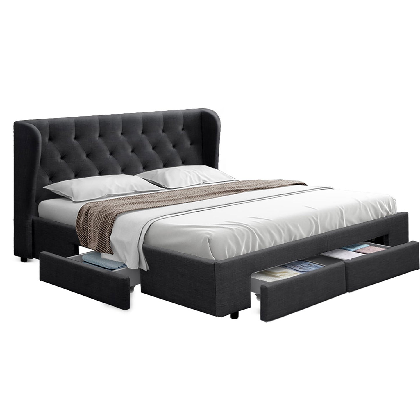 Artiss Bed Frame King Size with 4 Drawers Charcoal MILA - Furniture > Bedroom > Beds & Bed Frames