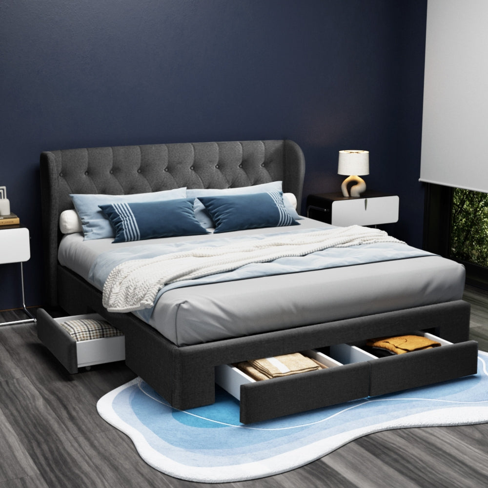 Artiss Bed Frame King Size with 4 Drawers Charcoal MILA - Furniture > Bedroom > Beds & Bed Frames