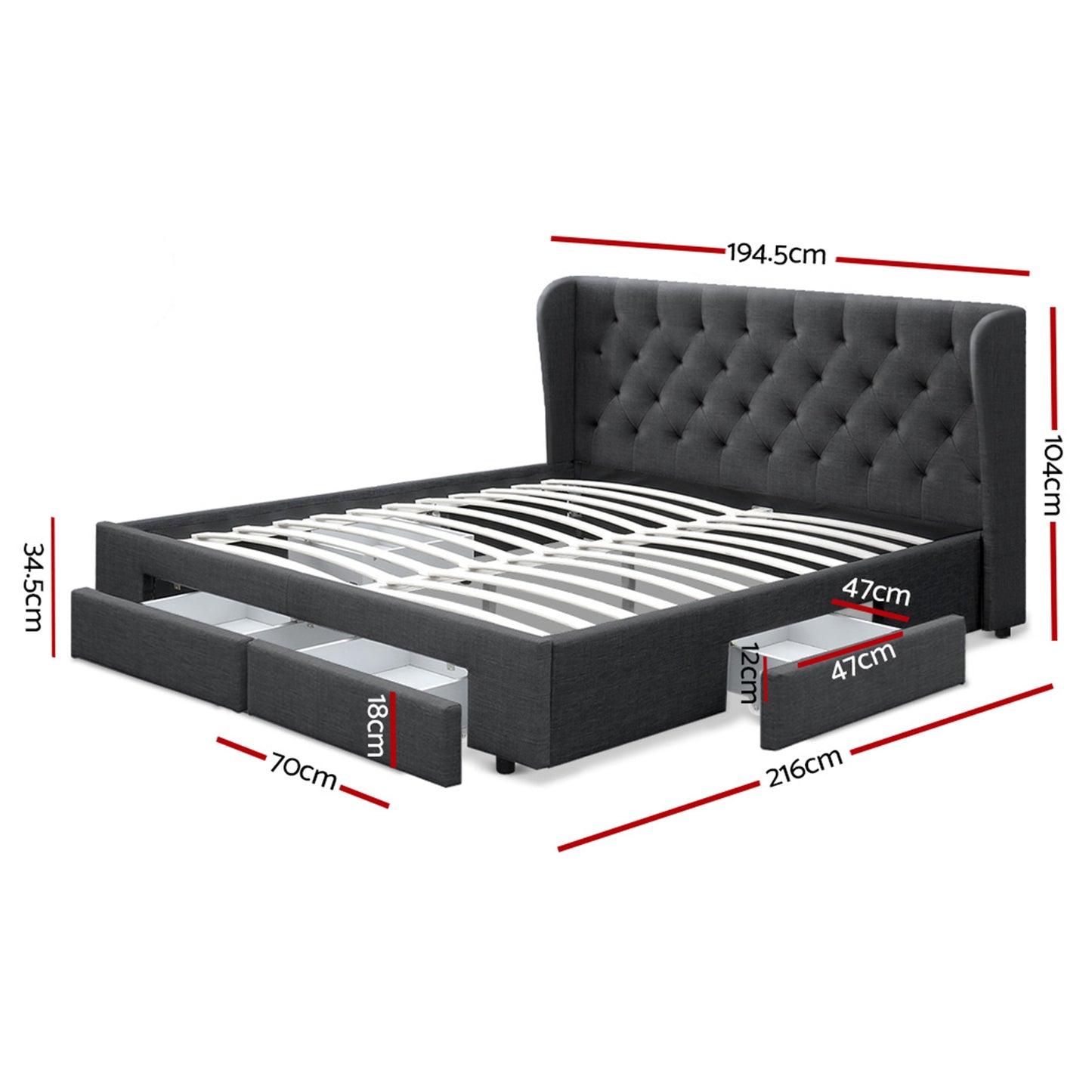 Artiss Bed Frame King Size with 4 Drawers Charcoal MILA - Furniture > Bedroom > Beds & Bed Frames
