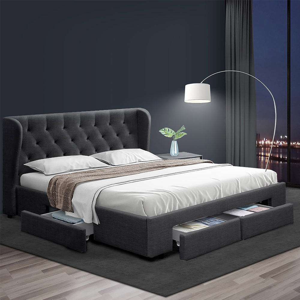 Artiss Bed Frame King Size with 4 Drawers Charcoal MILA - Furniture > Bedroom > Beds & Bed Frames