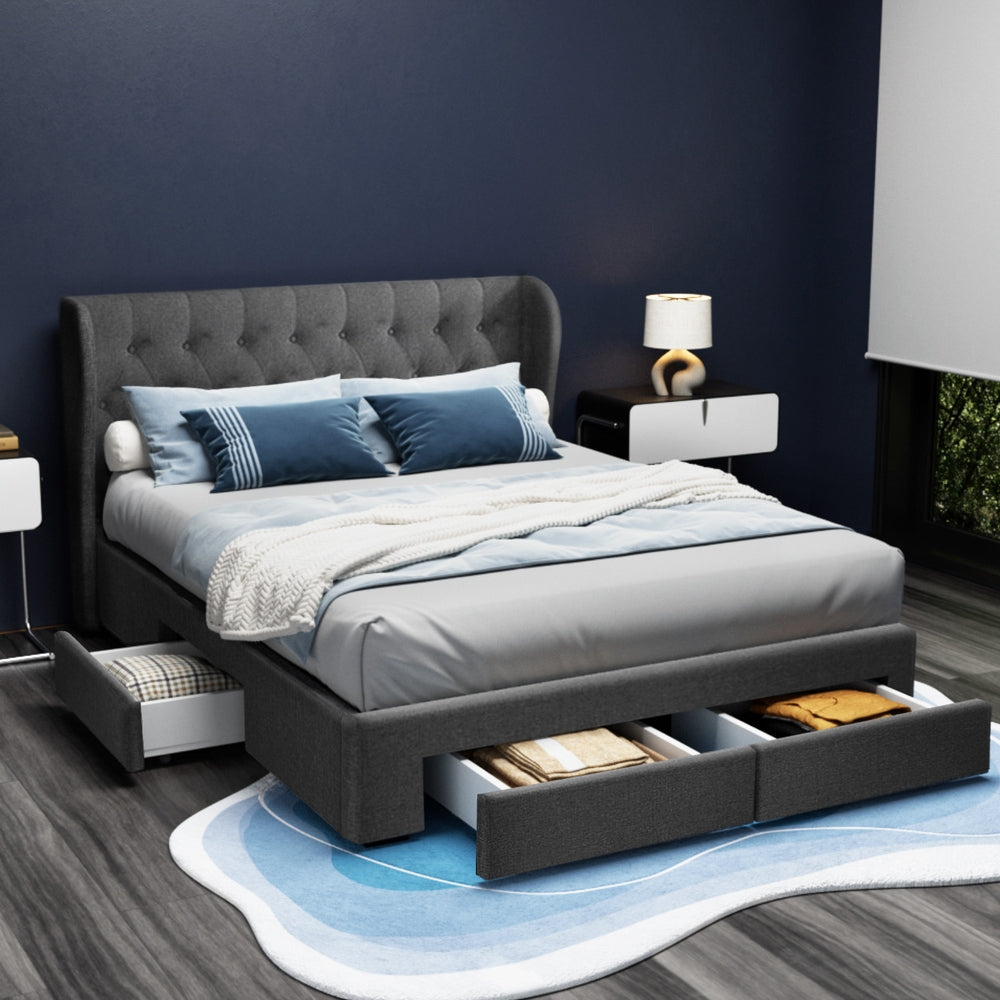 Artiss Bed Frame Queen Size with 4 Drawers Charcoal MILA - Furniture > Bedroom > Beds & Bed Frames