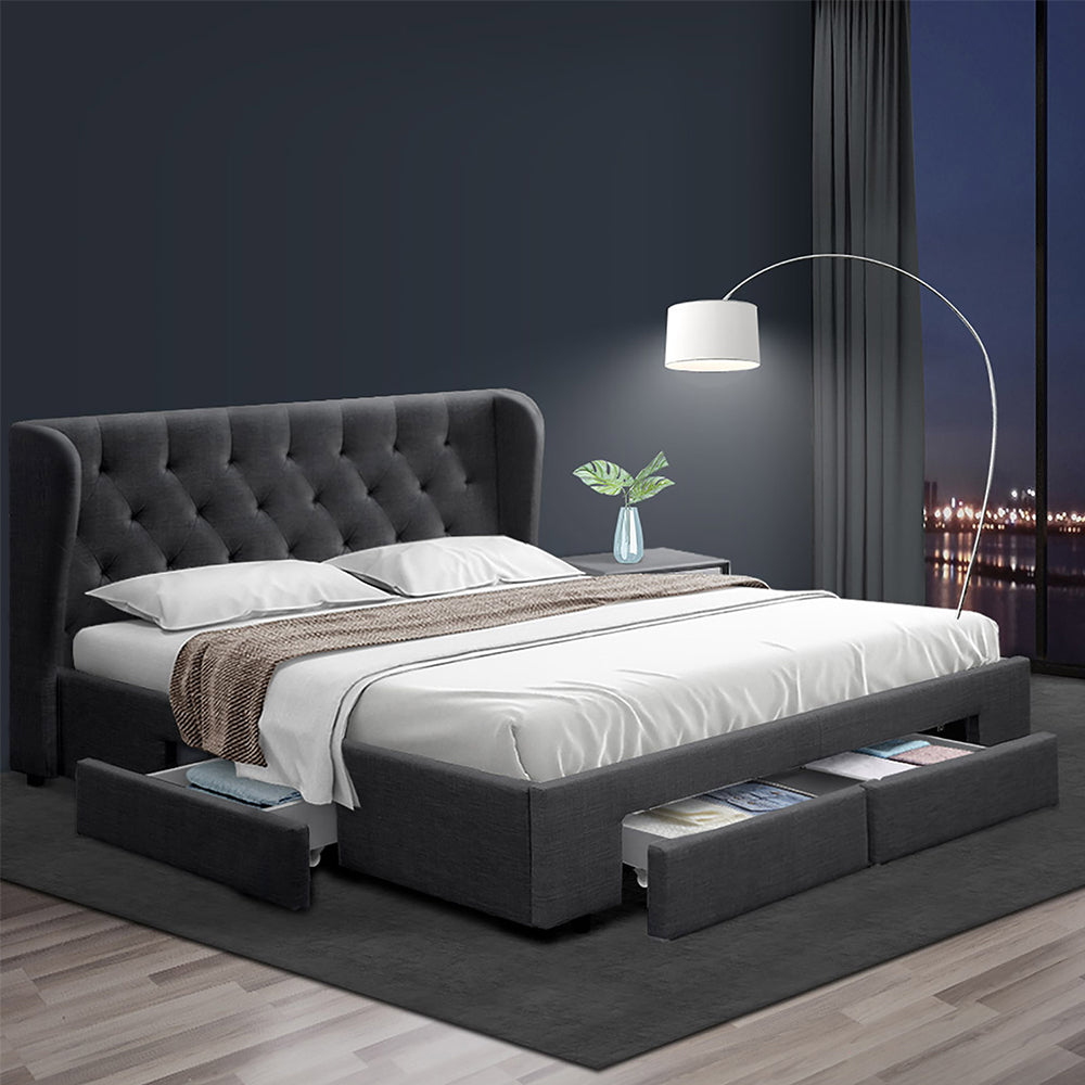 Artiss Bed Frame Queen Size with 4 Drawers Charcoal MILA - Furniture > Bedroom > Beds & Bed Frames