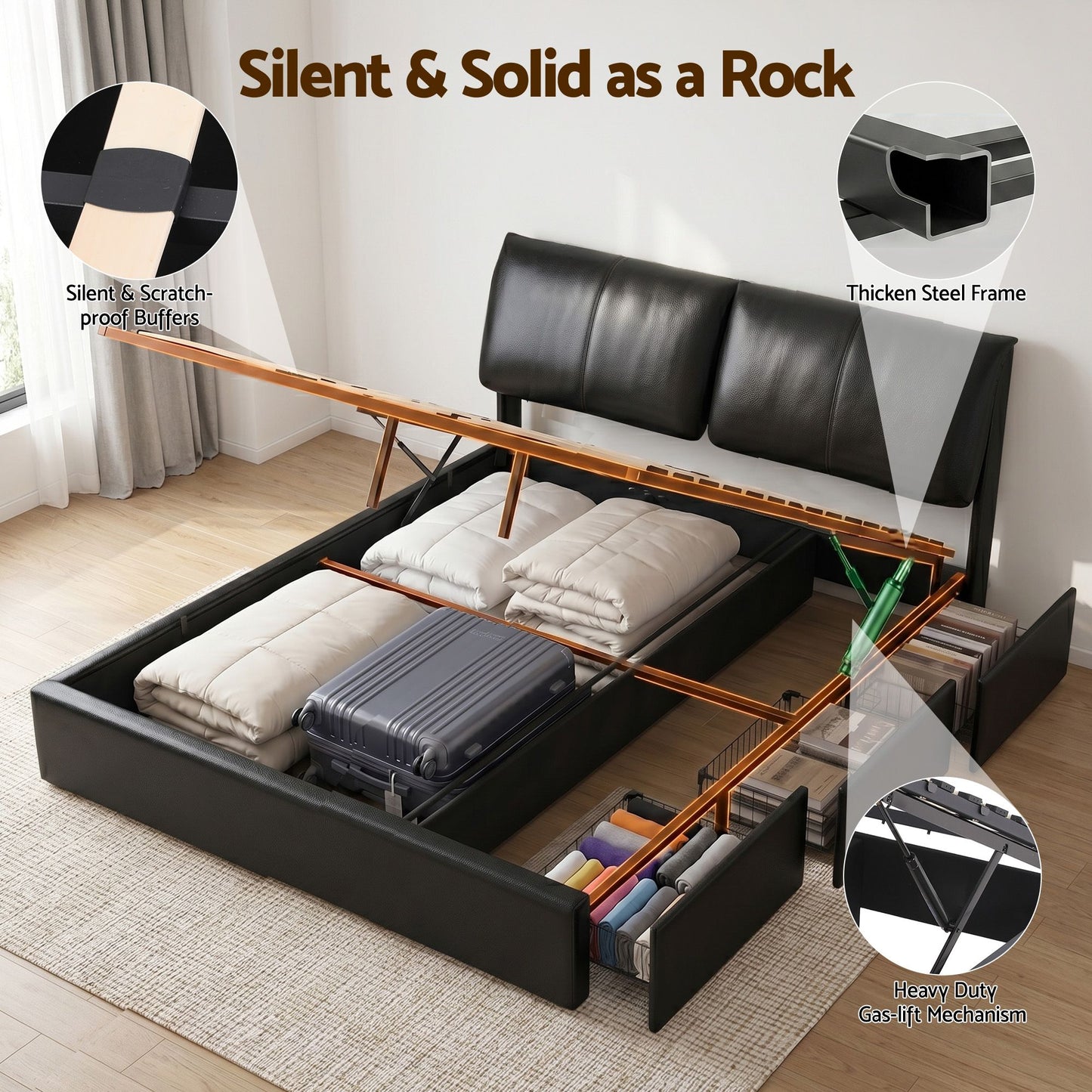 King Bed Frame Gas Lift Storage 3 Drawers Adjustable Headboard Platform Bed Black