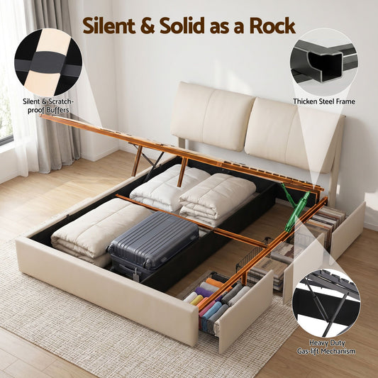 Queen Bed Frame Gas Lift Storage 3 Drawers Adjustable Headboard Platform Base