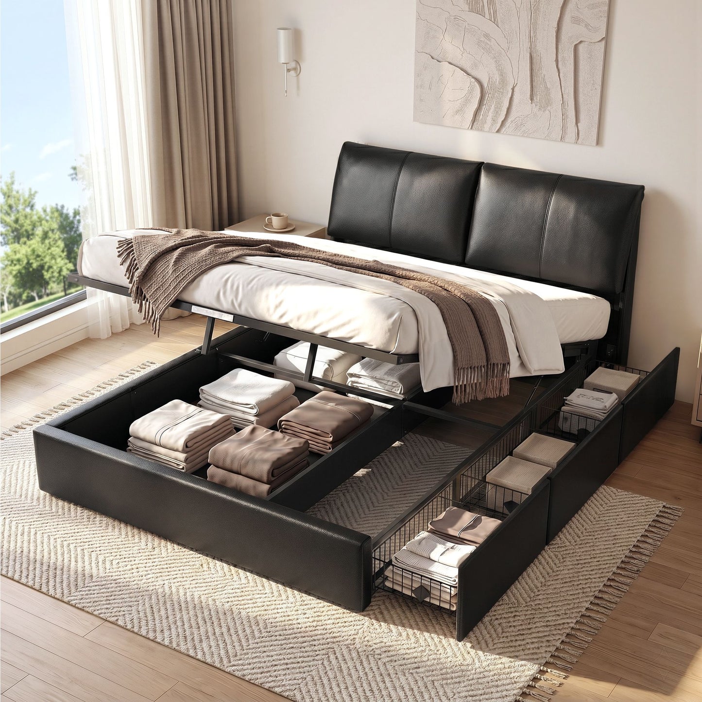 Queen Bed Frame Gas Lift Storage 3 Drawers Adjustable Headboard Platform Bed Black