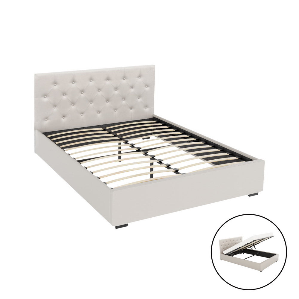 Artiss Bed Frame Double Size Gas Lift Beige VILA - Furniture > Bedroom > Beds & Bed Frames