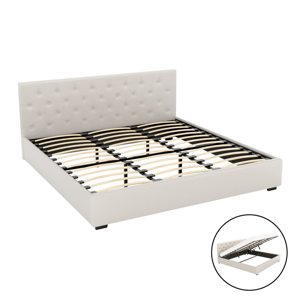 Artiss Bed Frame King Size Gas Lift Beige VILA Furniture > Bedroom > Beds & Bed Frames