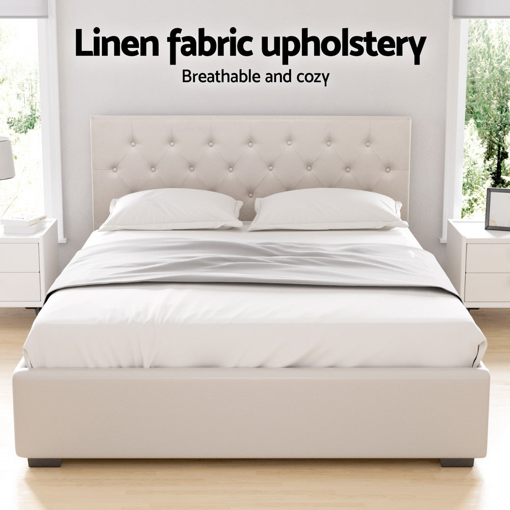 Artiss Bed Frame Queen Size Gas Lift Beige VILA Furniture > Bedroom > Beds & Bed Frames