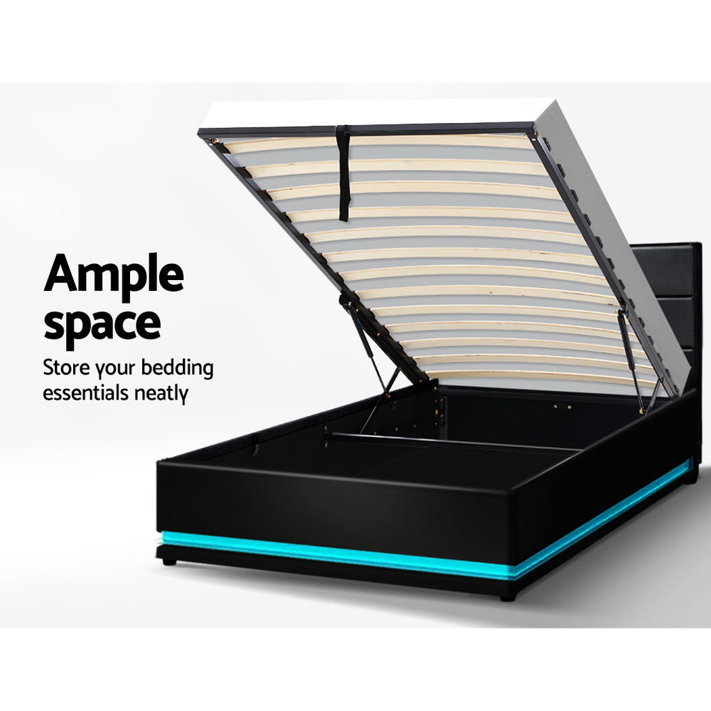 Artiss Bed Frame King Single Size LED Gas Lift Black LUMI - Furniture > Bedroom > Beds & Bed Frames