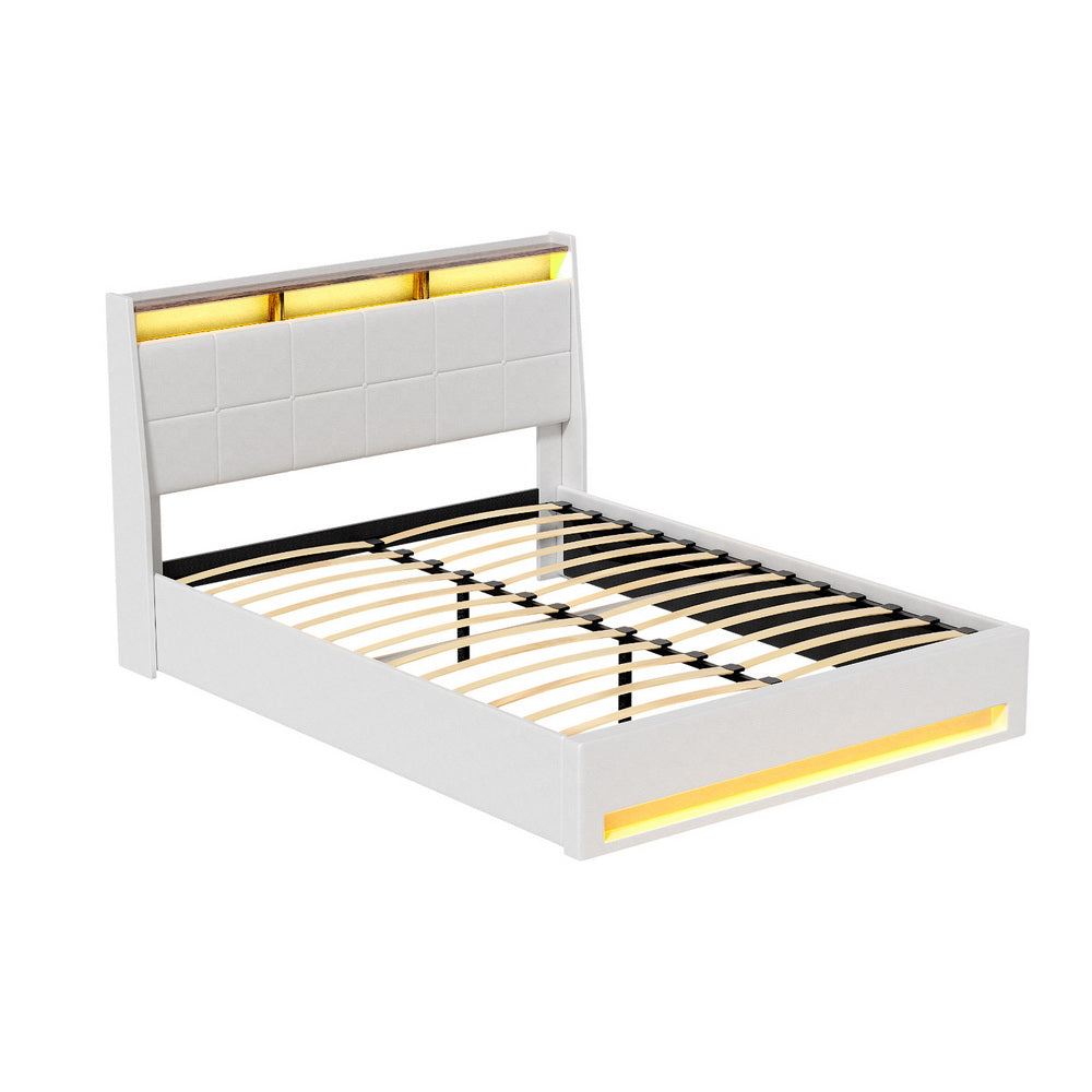 Artiss Bed Frame Gas Lift LED Beds Base Platform White PVC Leather Storage Headboard Double Furniture > Bedroom > Beds