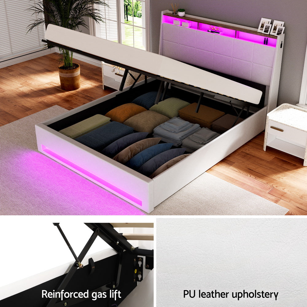 Artiss Bed Frame Gas Lift LED Beds Base Platform White PVC Leather Storage Headboard Double Furniture > Bedroom > Beds