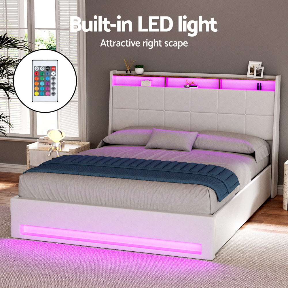 Artiss Bed Frame Gas Lift LED Beds Base Platform White PVC Leather Storage Headboard Double Furniture > Bedroom > Beds