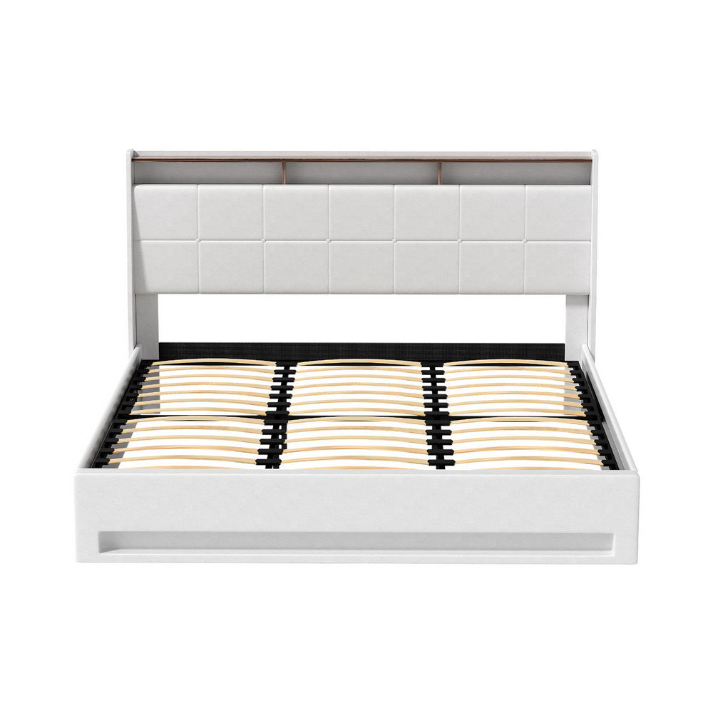 Artiss Bed Frame Gas Lift LED Beds Base Platform White PVC Leather Storage Headboard King Furniture > Bedroom > Beds &
