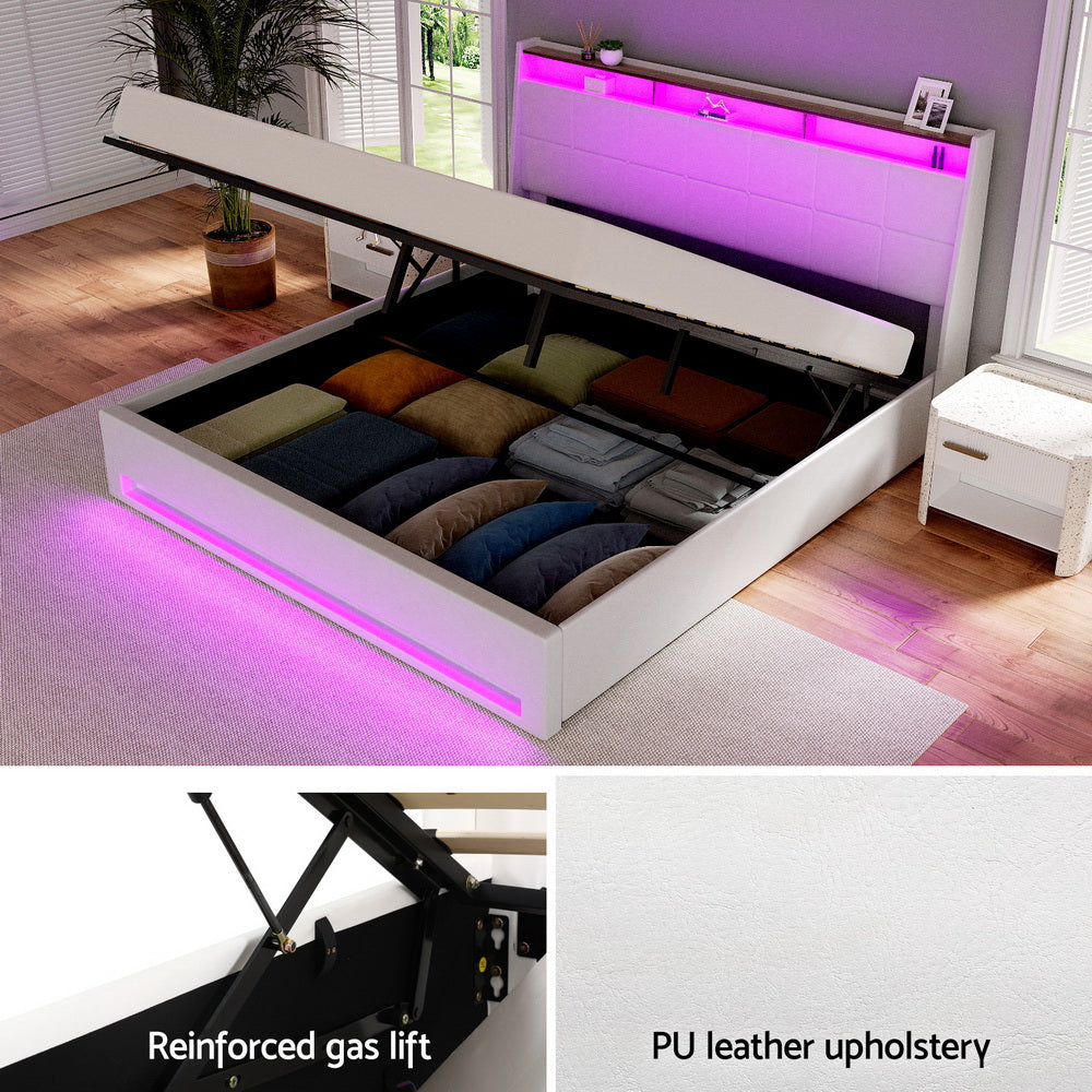 Artiss Bed Frame Gas Lift LED Beds Base Platform White PVC Leather Storage Headboard King Furniture > Bedroom > Beds &