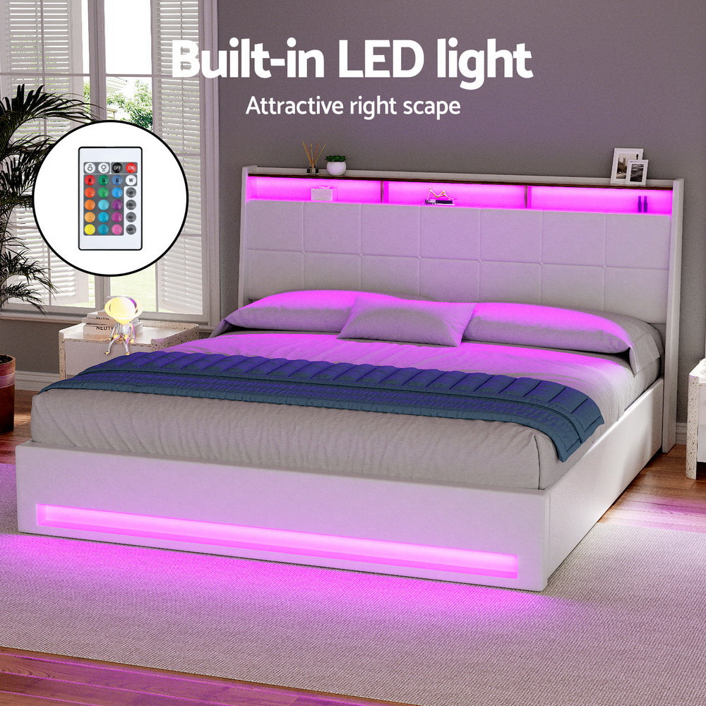 Artiss Bed Frame Gas Lift LED Beds Base Platform White PVC Leather Storage Headboard King Furniture > Bedroom > Beds &