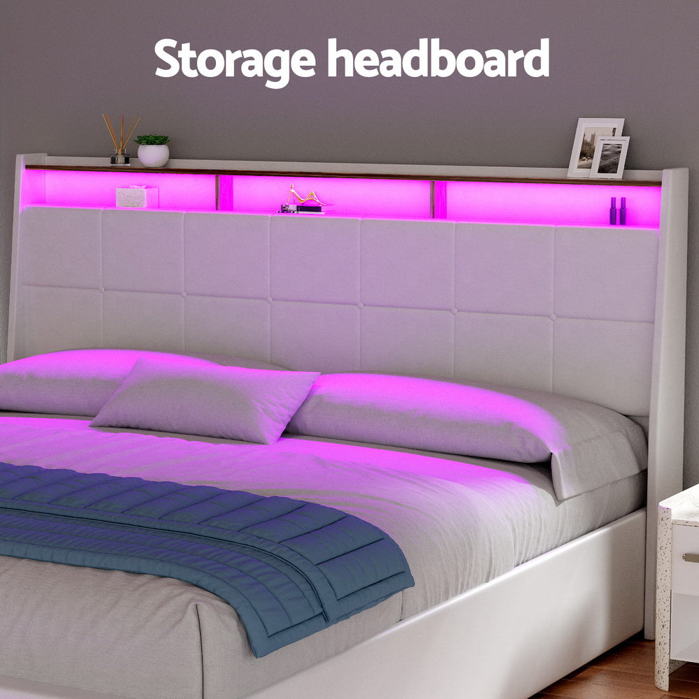 Artiss Bed Frame Gas Lift LED Beds Base Platform White PVC Leather Storage Headboard King Furniture > Bedroom > Beds &