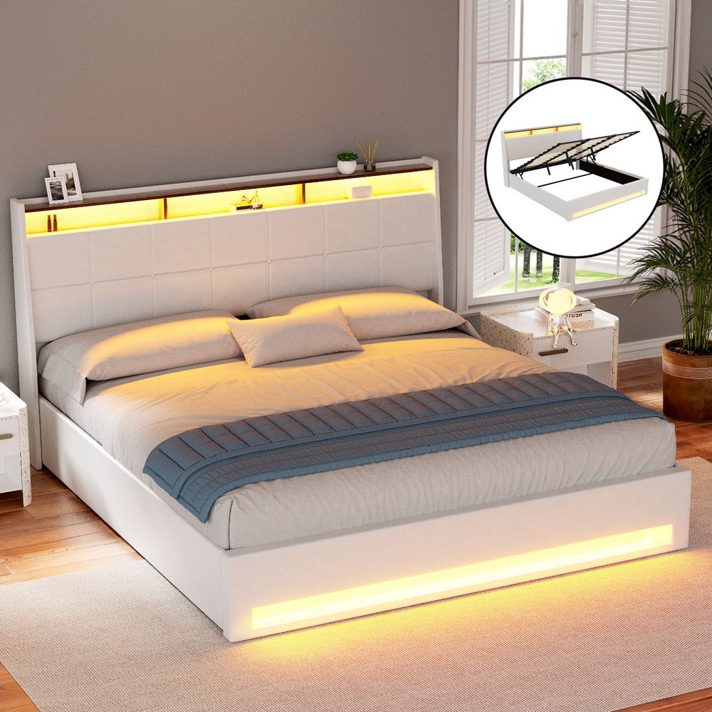 Artiss Bed Frame Gas Lift LED Beds Base Platform White PVC Leather Storage Headboard King Furniture > Bedroom > Beds &