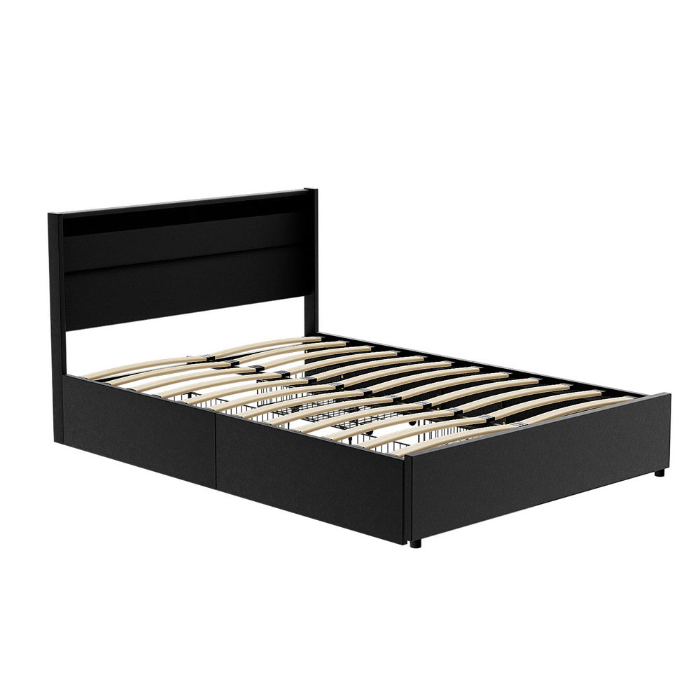 Bed Frame Double Size LED with 4 Drawers Black DUNN - Furniture > Bedroom > Beds & Bed Frames