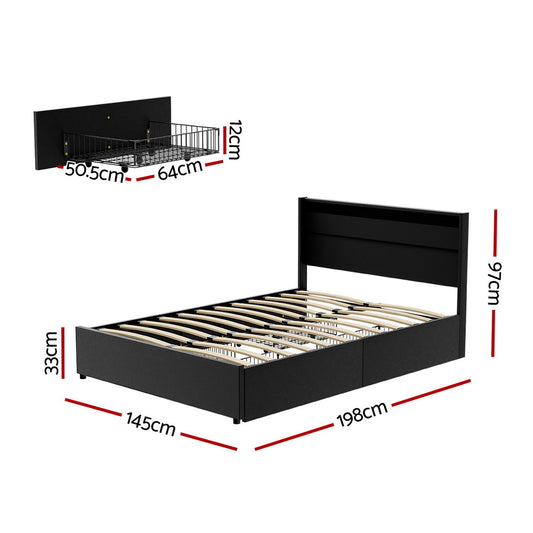 Bed Frame Double Size LED with 4 Drawers Black DUNN - Furniture > Bedroom > Beds & Bed Frames