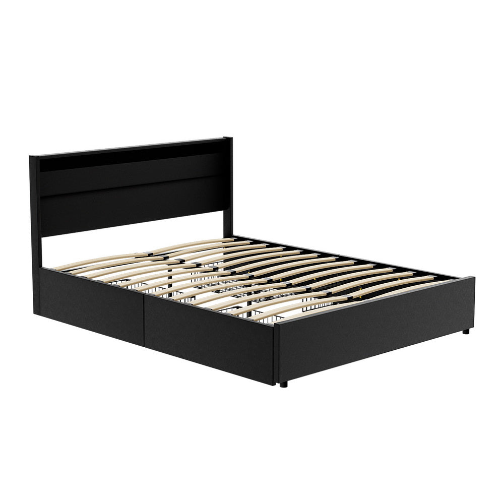 Artiss Bed Frame Queen Size LED with 4 Drawers Black DUNN Furniture > Bedroom > Beds & Bed Frames