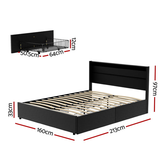 Artiss Bed Frame Queen Size LED with 4 Drawers Black DUNN Furniture > Bedroom > Beds & Bed Frames