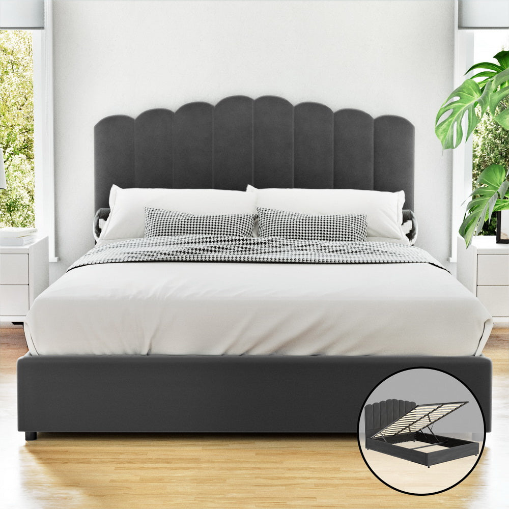 Bed Frame Queen Size Velvet Grey FION - Furniture > Bedroom > Beds & Bed Frames