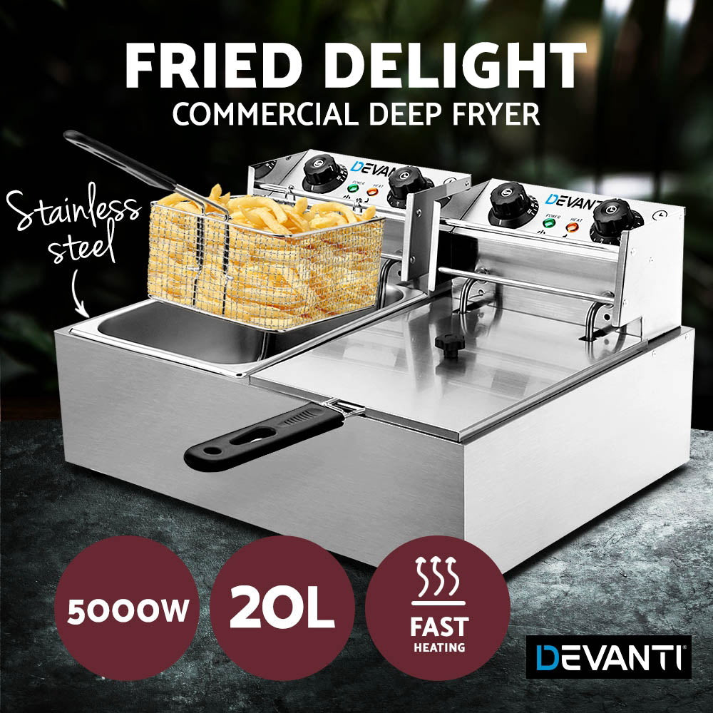 Devanti 20L Electric Commercial Deep Fryer Double Baskets 4400W Appliances > Kitchen Appliances > Deep Fryers