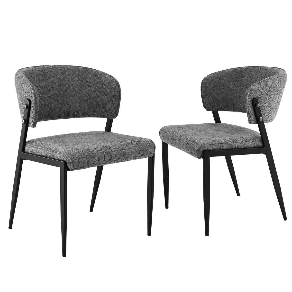 Two gray upholstered chairs with black metal legs on a white background