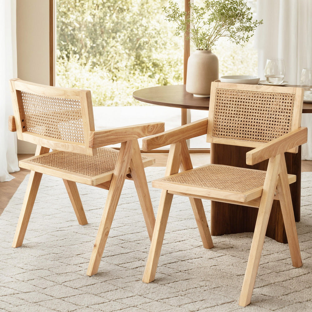 2x Dining Chairs Wooden Rattan Seat Rubber Wood Frame