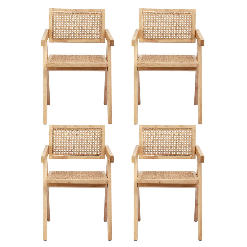 4x Dining Chairs Wooden Rattan Seat Rubber Wood Frame
