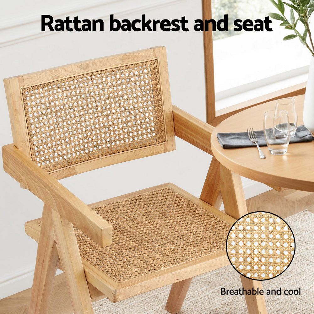 4x Dining Chairs Wooden Rattan Seat Rubber Wood Frame
