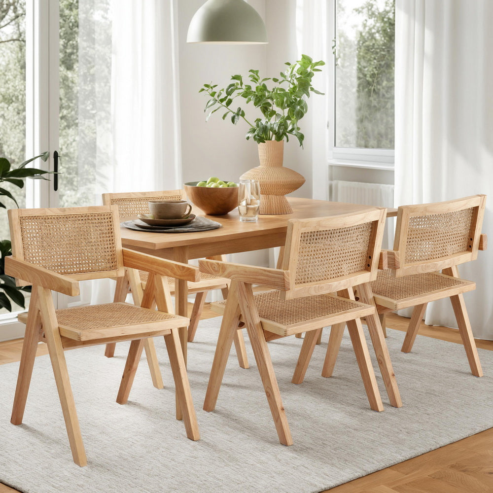 4x Dining Chairs Wooden Rattan Seat Rubber Wood Frame